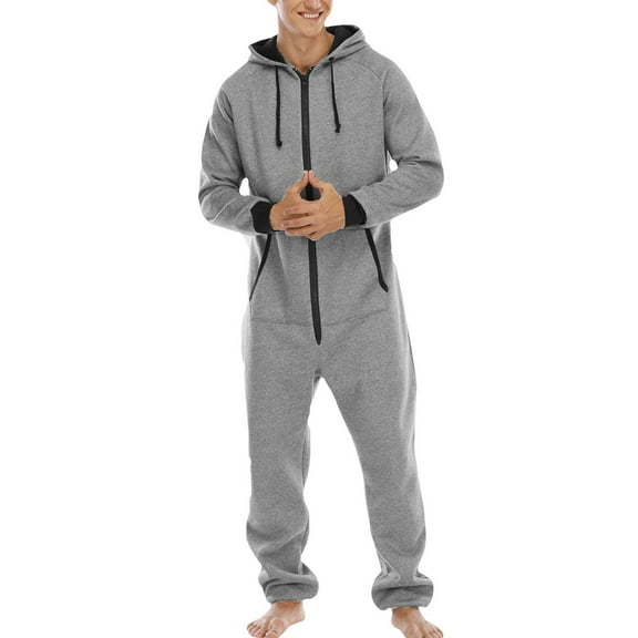 SWSMCLT Men's Cotton Onesies Pajamas Warm Long Sleeve Fall One Piece Sleepwear Hooded Soft Spring Winter Long Grey Large