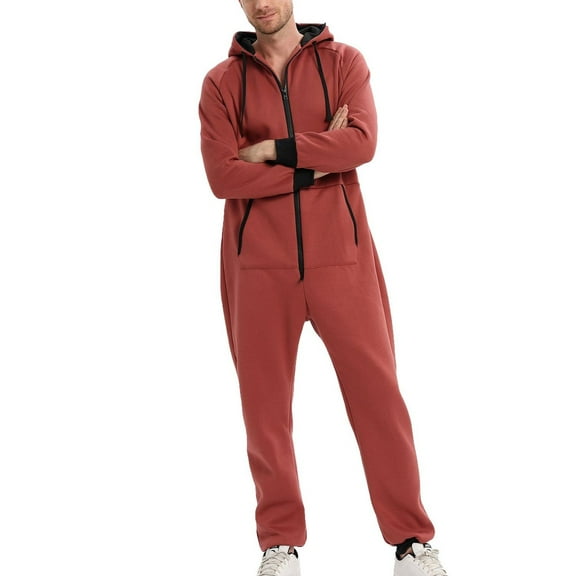 SWSMCLT Men's Cotton Onesies Pajamas Warm Long Sleeve Fall One Piece Sleepwear Hooded Soft Spring Winter Long Red Large