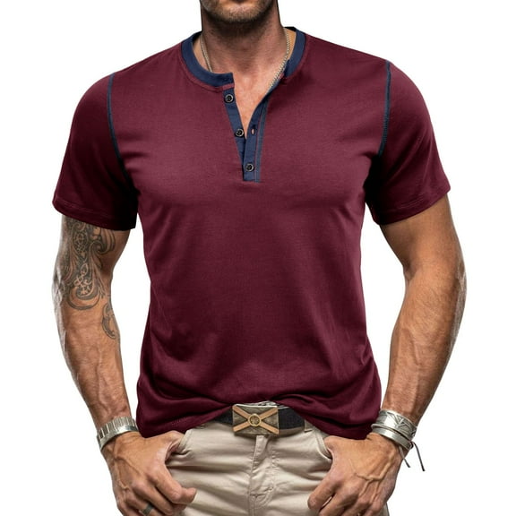 SWSMCLT Men's Cotton Shirt Summer Henley Fall Home Soft Stretch Thin Date Night Tshirt T Shirt Short Sleeve Casual Burgundy X-Large
