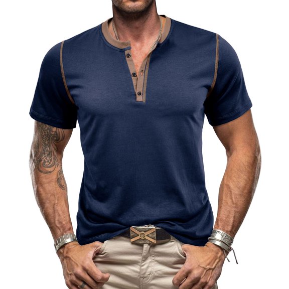 SWSMCLT Men's Cotton Shirt Summer Henley Fall Home Soft Stretch Thin Date Night Tshirt T Shirt Short Sleeve Casual Royal Blue Medium
