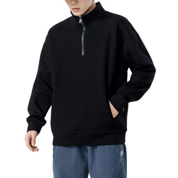 SWSMCLT Men's Crewneck Top Thermal Basic Polyester Zip Long Sleeve Sweatshirt Winter Hoodless Sweat Shirt Black 38