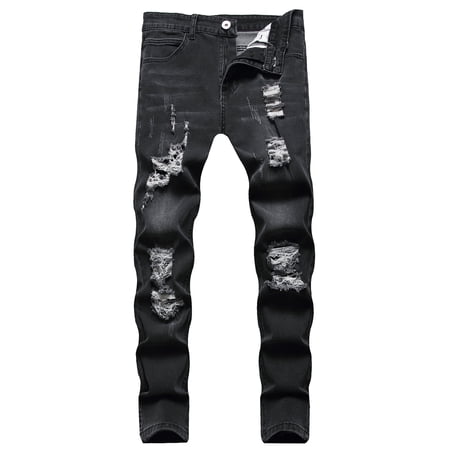 SWSMCLT Men's Distressed Jeans Denim Jeggings Slim Fit Pants Mid Rise Trousers Denim Ripped Chic Black 36