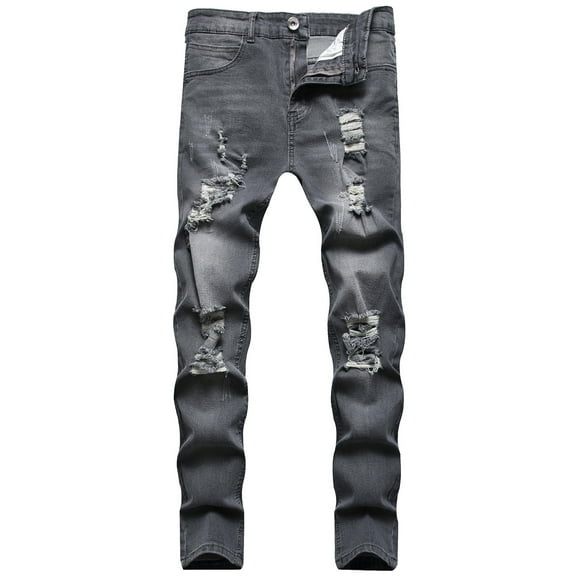 SWSMCLT Men's Distressed Jeans Denim Jeggings Slim Fit Pants Mid Rise Trousers Denim Ripped Chic Grey 34