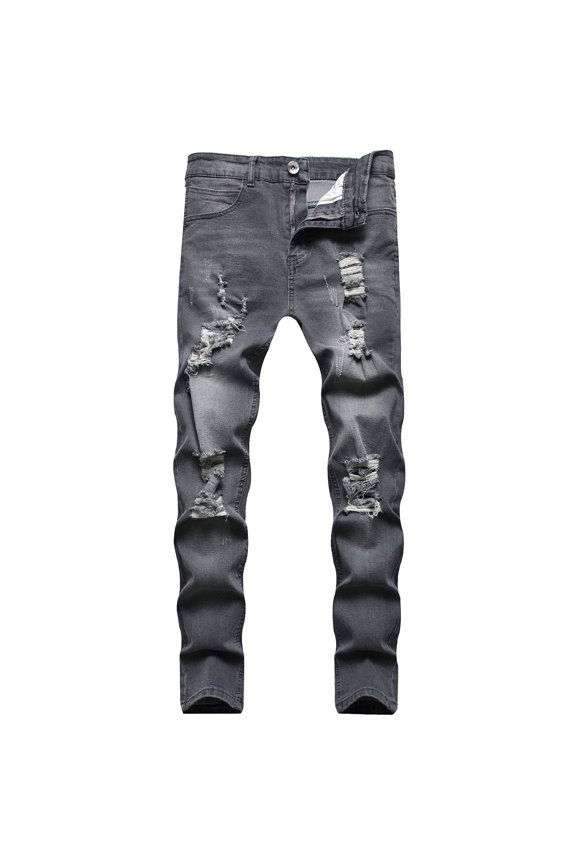 Men's Distressed Jeans Denim Jeggings Slim Fit Pants Mid Rise Trousers Denim Ripped Chic Grey 34