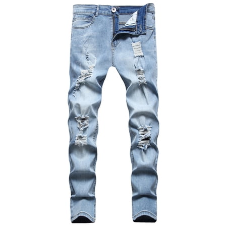 SWSMCLT Men's Distressed Jeans Denim Jeggings Slim Fit Pants Mid Rise Trousers Denim Ripped Chic Light Blue 34