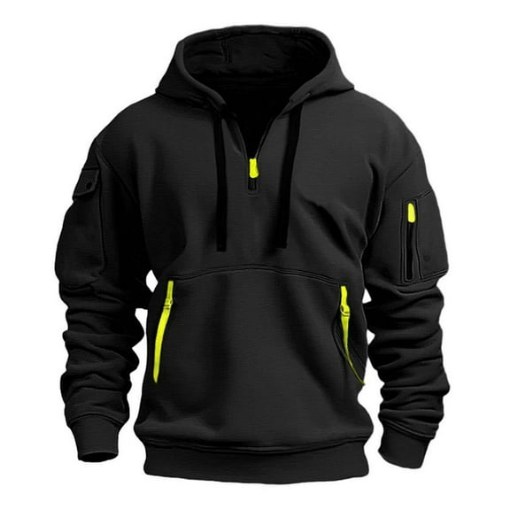 SWSMCLT Men's Drawstring Quarter Zip Fashion Long Sleeve Ribbed Cuffs Hoodies Hooded Sweatshirt Flap Kangaroo Pocket Black XX-Large