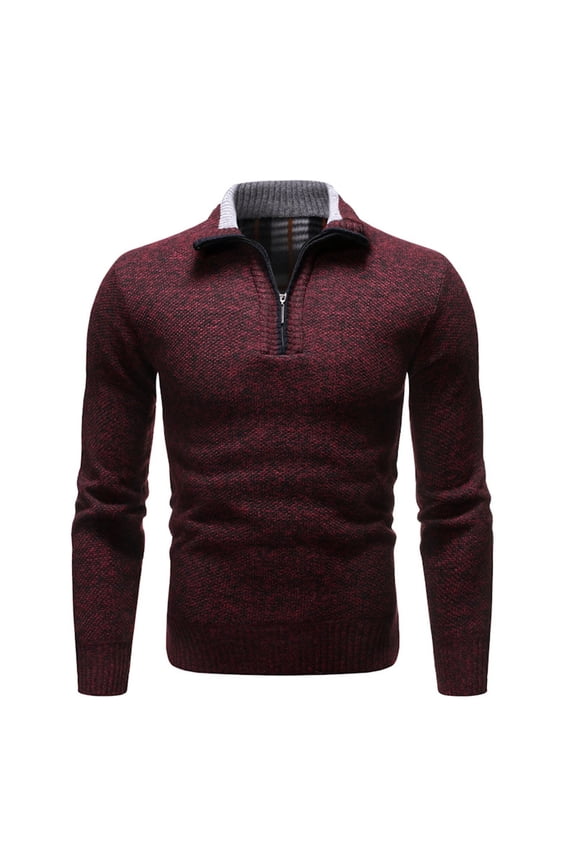 Men's Fashion Winter Polo Shirt Long Sleeve Top Soft Sweater Cable Knit Zip Knit Thermal Half Zip Cozy Burgundy Large