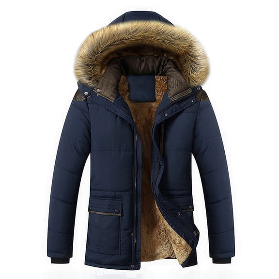 SWSMCLT Men's Faux Fur Coats Winter Coat Fall Spring Lined Hooded Thick Pocket Long Sleeve Windproof Outerwear Blue Large