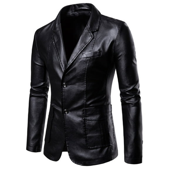 SWSMCLT Men's Faux Leather Blazer Jackets Notch Lapel Long Sleeve 2 Button Slim Fit Sports Coat Single Breasted Pockets Black 40