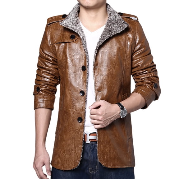 SWSMCLT Men's Faux Leather Jacket Casual Furry Single Breasted Jackets & Coats Fuzzy Fleece Lining Plush Sherpa Lined Winter Fall Long Sleeve Slim Fit Jacket Khaki Camel 42