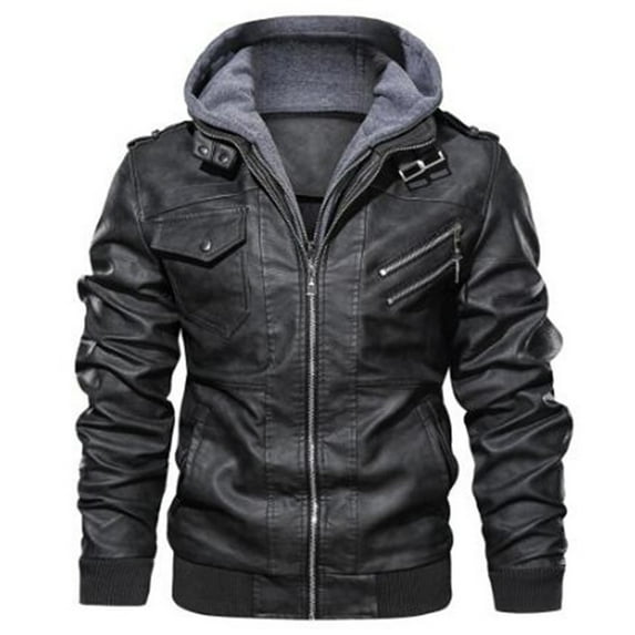 SWSMCLT Men's Faux Leather Jacket Vintage Fall Spring Full Zip Slim Fit PU Outerwear Hooded Thermal with Collar Varsity Motorcycle Riding Pocket Bomber Jacket & Coat Black Medium