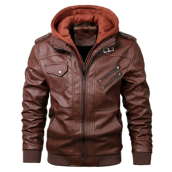 SWSMCLT Men's Faux Leather Jacket Vintage Fall Spring Full Zip Slim Fit PU Outerwear Hooded Thermal with Collar Varsity Motorcycle Riding Pocket Bomber Jacket & Coat Burgundy Medium