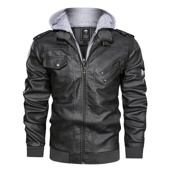 SWSMCLT Men's Faux Leather Jacket Vintage Fall Spring Full Zip Slim Fit PU Outerwear Hooded Thermal with Collar Varsity Motorcycle Riding Pocket Bomber Jacket & Coat Grey Medium