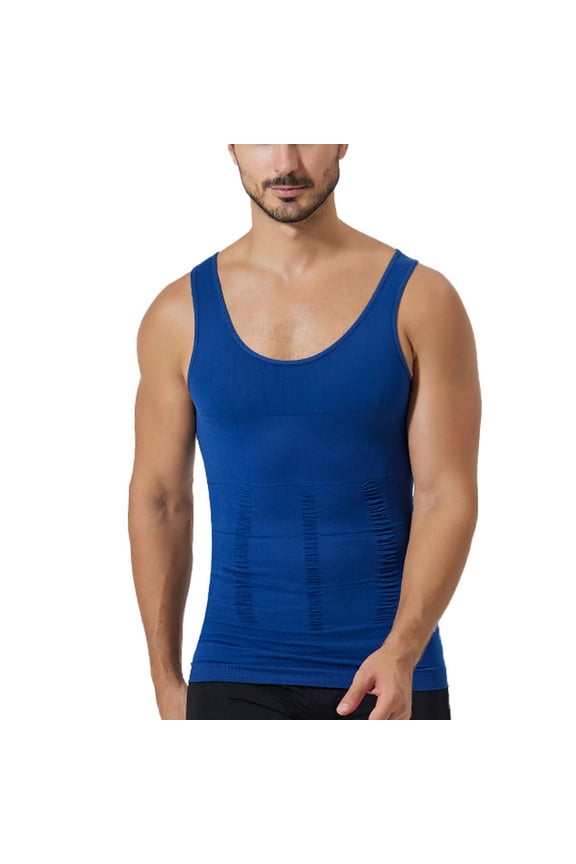 Men's Firm Waist Trainer Tummy Control Shapewear Breathable Nylon Vest Tank Tops Slim Stretch Compression Vest Blue Large
