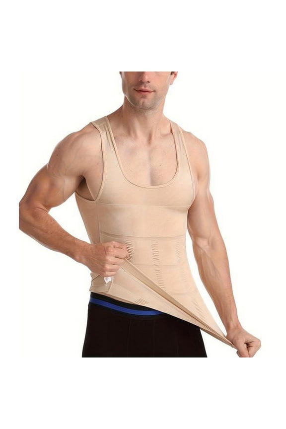 Men's Firm Waist Trainer Tummy Control Shapewear Breathable Nylon Vest Tank Tops Slim Stretch Compression Vest Nude Medium