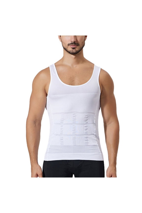 Men's Firm Waist Trainer Tummy Control Shapewear Breathable Nylon Vest Tank Tops Slim Stretch Compression Vest White Small