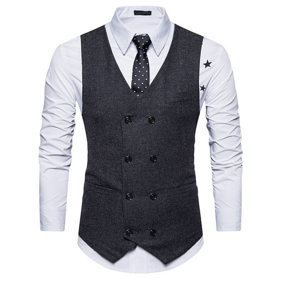SWSMCLT Men's Fitted Sleeveless Suit Vest Double Breasted Waistcoat Cotton Business Formal Top Black 42
