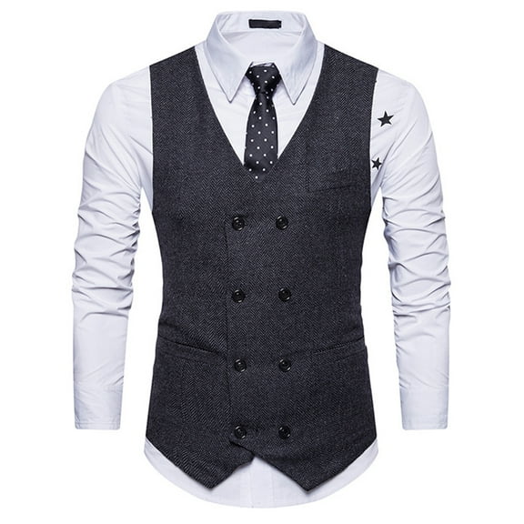 SWSMCLT Men's Fitted Sleeveless Suit Vest Double Breasted Waistcoat Cotton Business Formal Top Black 42
