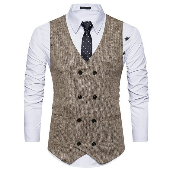 SWSMCLT Men's Fitted Sleeveless Suit Vest Double Breasted Waistcoat Cotton Business Formal Top Khaki 44