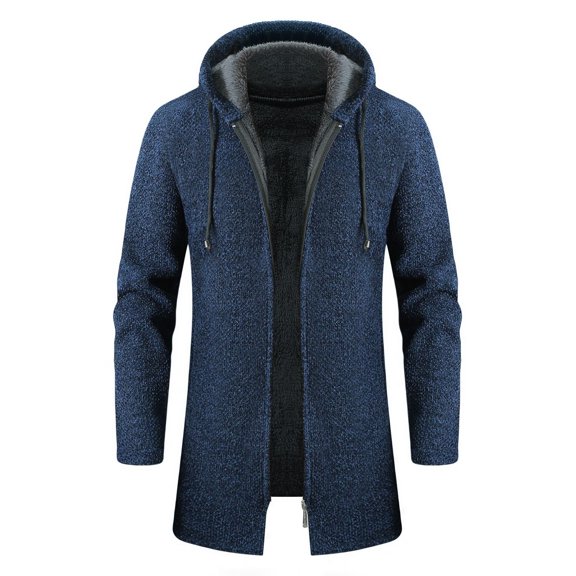 SWSMCLT Men's Fleece Lined Hoodie Soft Long Slim Fit Fashion Casual Fall Cozy Knitwear Sweater Jacket Winter Warm Thick Zip Up Top Coat Long Sleeve Full Zip Hooded Pea Coat Navy Small