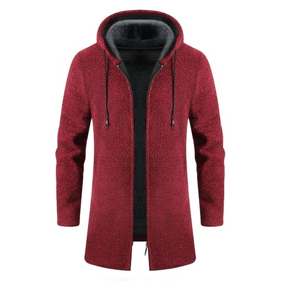 SWSMCLT Men's Fleece Lined Hoodie Soft Long Slim Fit Fashion Casual Fall Cozy Knitwear Sweater Jacket Winter Warm Thick Zip Up Top Coat Long Sleeve Full Zip Hooded Pea Coat Red Small