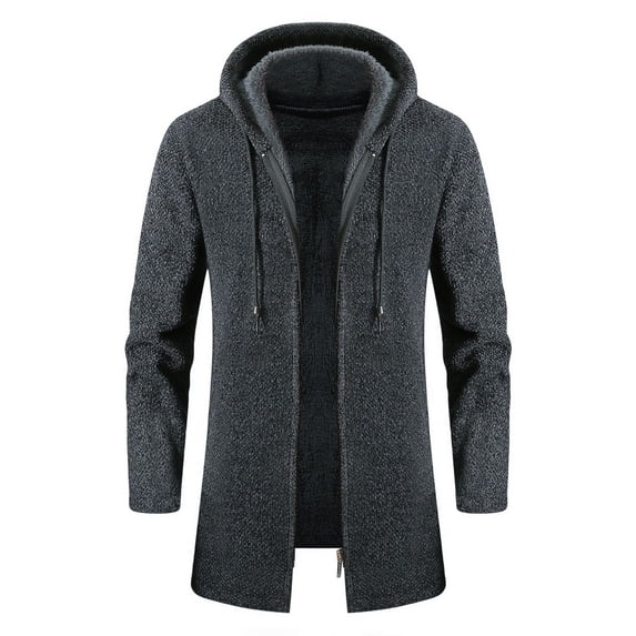SWSMCLT Men's Fleece Lined Hoodie Soft Long Slim Fit Fashion Casual Fall Cozy Knitwear Sweater Jacket Winter Warm Thick Zip Up Top Coat Long Sleeve Full Zip Hooded Pea Coat Dark Grey Large