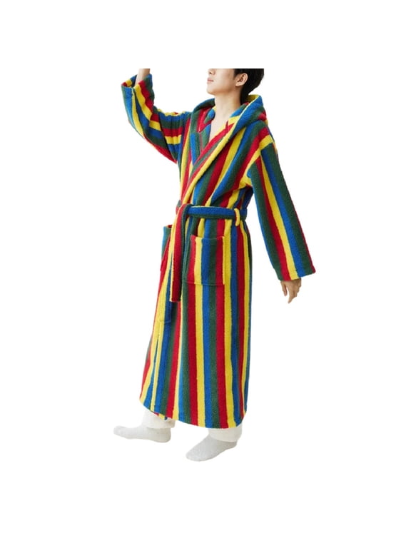Men's Fleece Striped Bathrobe Hooded Nightwear Rainbow Large