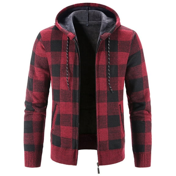 SWSMCLT Men's Full Zip Hoodies Slim Fit Hooded Sweatshirt Plaid Fleece Lined Cardigan Sweater Thermal Long Sleeve Thick Knit Burgundy 42