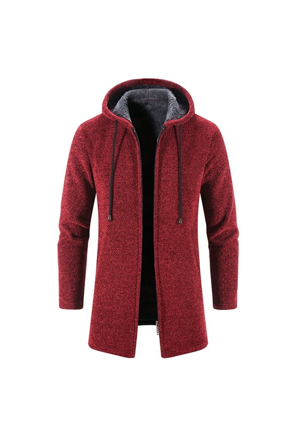 SWSMCLT Men's Full Zip Hoodies Winter Casual Warm Thermal Cardigan Sweater Long Sleeve Fleece Jacket Slim Fit Hooded Sweatshirt Thick Soft Knit Burgundy 42
