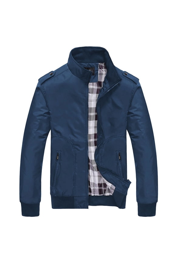 Men's Full Zip Long Sleeve Slim Fit Band Collar Outdoor Waterproof Jacket Spring Casual Windbreaker Blue 40
