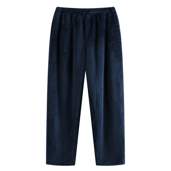 SWSMCLT Men's Furry Fleece Fuzzy Pajama Pants Loose Cigarette Basic Cold Weather Lounge Pants Autumn Loungewear Baggy Navy Medium-Large
