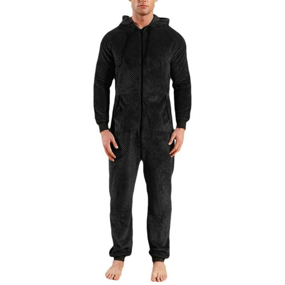 SWSMCLT Men's Fuzzy Fleece Christmas Onesies Pajamas Long Sleeve Soft Winter Cozy Fall Thick Flannel Loose Zipper Black Medium