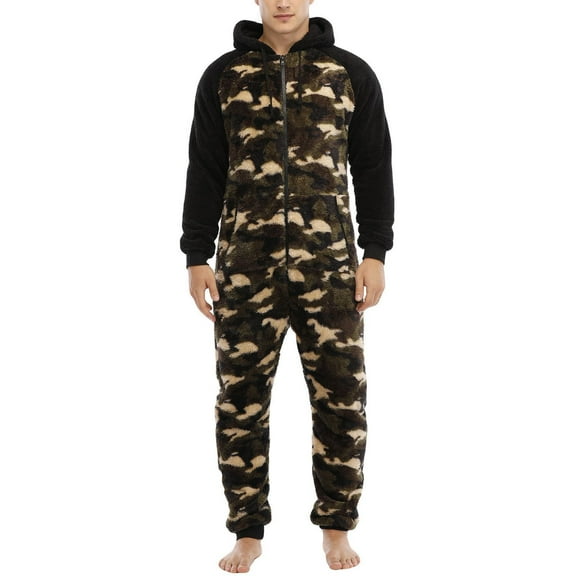 SWSMCLT Men's Fuzzy Fleece Christmas Onesies Pajamas Long Sleeve Soft Winter Cozy Fall Thick Flannel Loose Zipper Camo Medium
