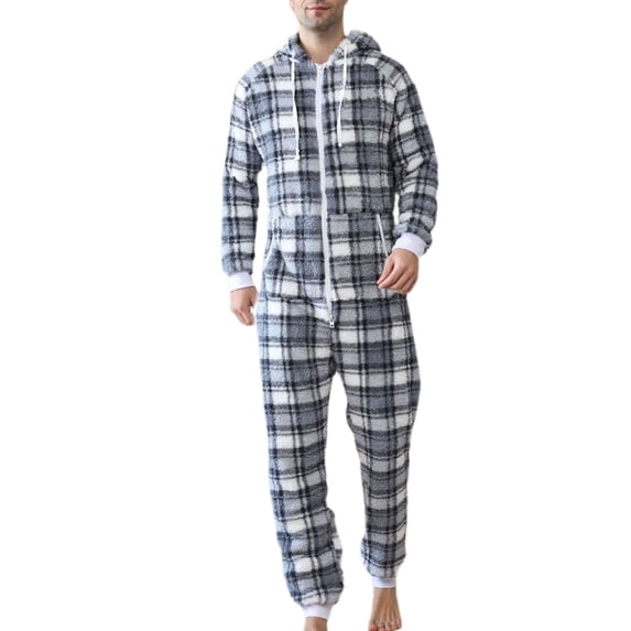 SWSMCLT Men's Fuzzy Fleece Christmas Onesies Pajamas Long Sleeve Soft Winter Cozy Fall Thick Flannel Loose Zipper Light Blue Small