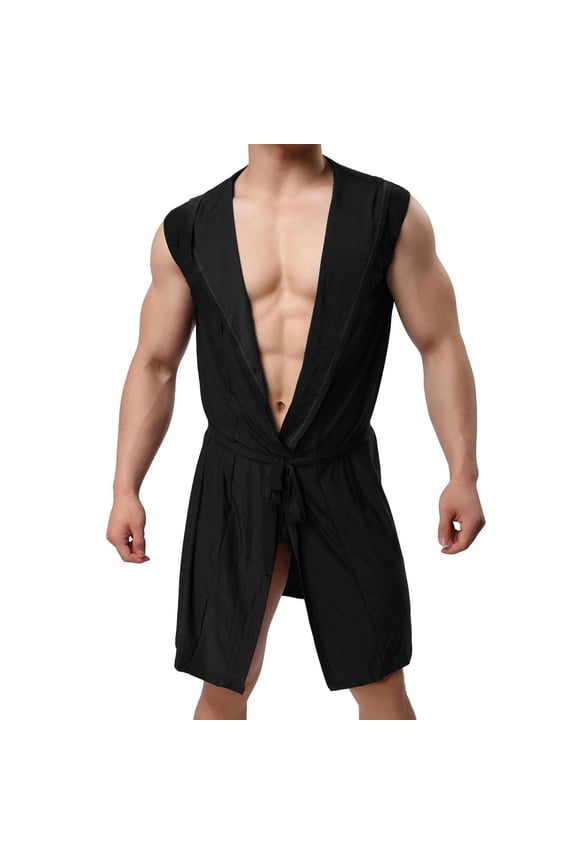 Men's Hooded Bath Robe Soft Sleeping Sleepwear Summer Sleeveless Hoodie Sexy Spring Sleeveless Black Large