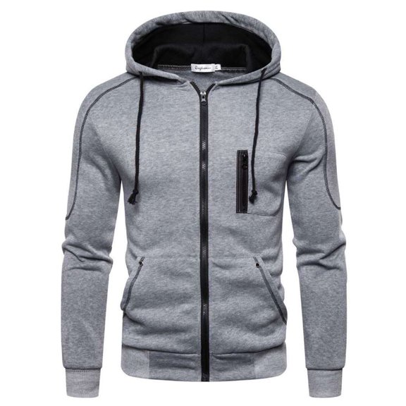 SWSMCLT Men's Hooded Full Zip Fleece Sweatshirt Pocket Hooded Slim Fit Zip Up Long Sleeve Workout Jacket Grey Large