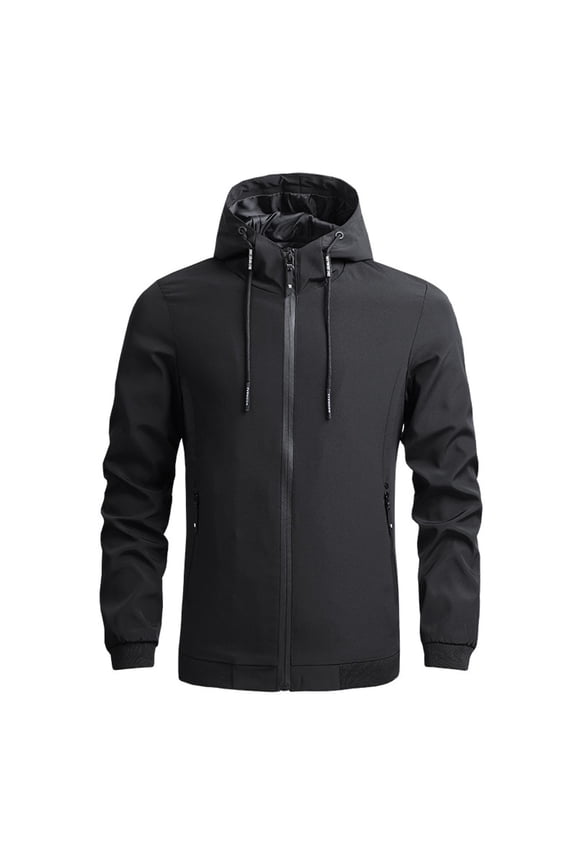 Men's Hooded Jacket Long Sleeve Fall Warm Zipper Lightweight Windbreaker Hiking Slim Fit Spring Outerwear Black 40