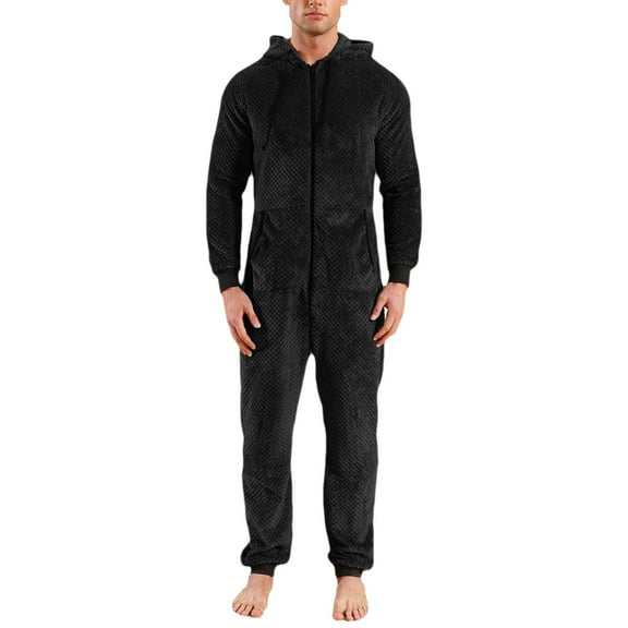 SWSMCLT Men's Hooded Onesie Pajama Warm Fuzzy Fleece Comfy Thick Zip Up Long Sleeve Onesies Sleepwear Soft Winter Black Large