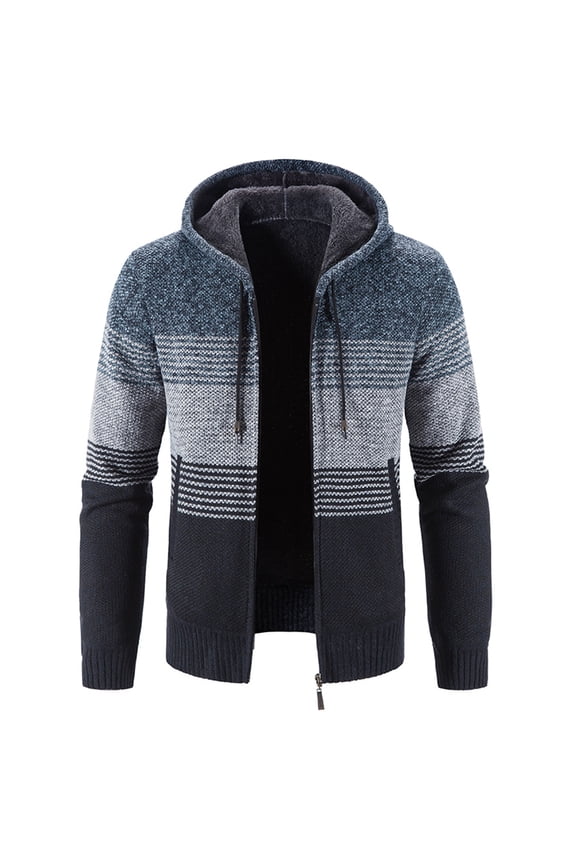 SWSMCLT Men's Hooded Sweatshirt Bold Cardigan Sweater Zip Up Hoodie Thermal Warm Striped Casual Long Sleeve Fuzzy Fleece Lined Jacket Thick Knitted Knit Slim Fit Navy 36