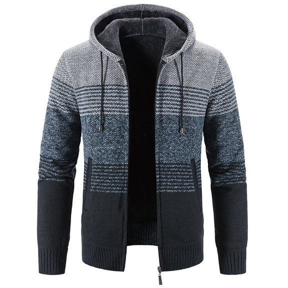 SWSMCLT Men's Hooded Sweatshirt Bold Cardigan Sweater Zip Up Hoodie Thermal Warm Striped Casual Long Sleeve Fuzzy Fleece Lined Jacket Thick Knitted Knit Slim Fit Grey 36