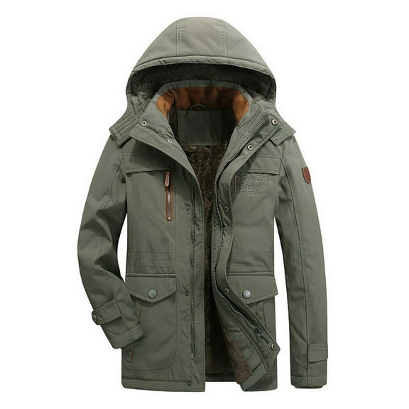 SWSMCLT Men's Hooded Winter Coat Fuzzy Fall Fashion Lined Thick Snap On Full Zip Windbreaker Long Sleeve Coats Snow Army Green Large