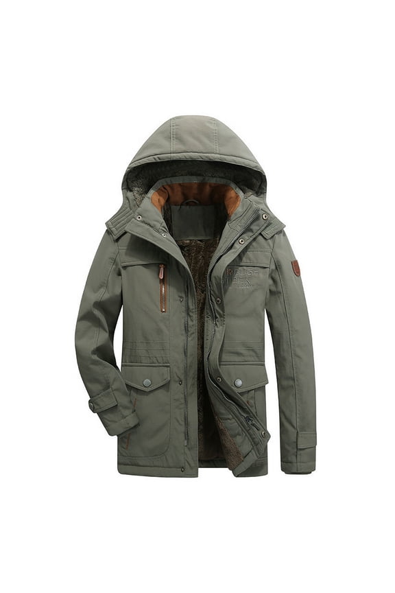 Men's Hooded Winter Coat Fuzzy Fall Fashion Lined Thick Snap On Full Zip Windbreaker Long Sleeve Coats Snow Army Green Medium