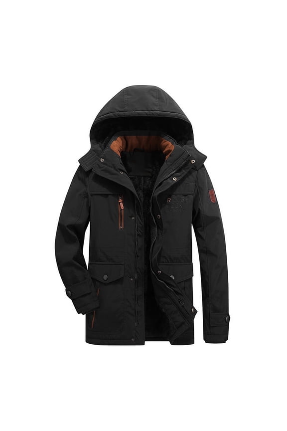 Men's Hooded Winter Coat Fuzzy Fall Fashion Lined Thick Snap On Full Zip Windbreaker Long Sleeve Coats Snow Black Small