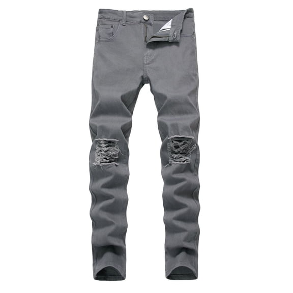 SWSMCLT Men's Jeans Ripped Denim Pants Soft Summer Mid Rise Trousers Long Pant Slim Fit Fashion Hole Distress Dark Grey 30