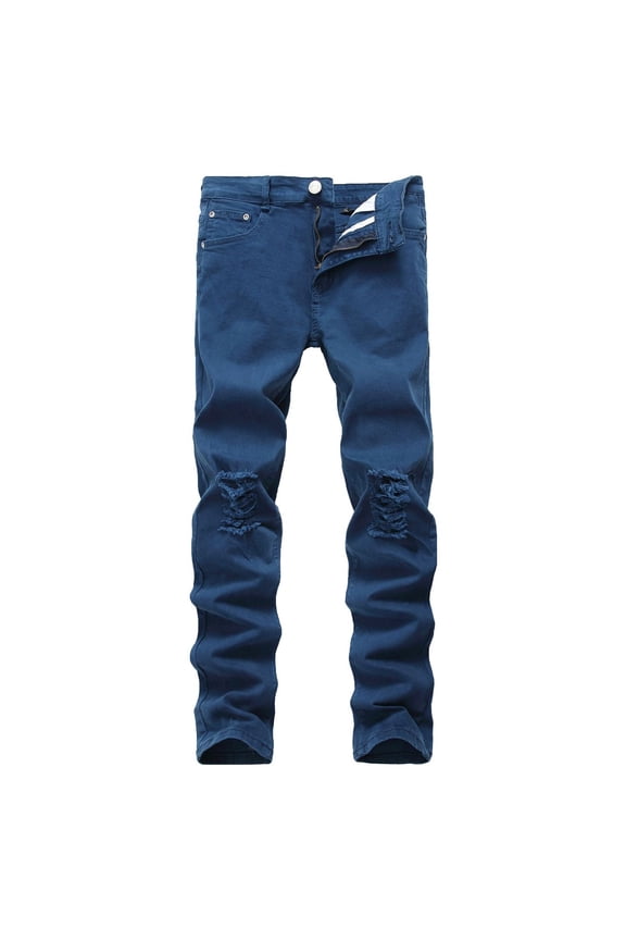 Men's Jeans Ripped Denim Pants Soft Summer Mid Rise Trousers Long Pant Slim Fit Fashion Hole Distress Royal Blue 40