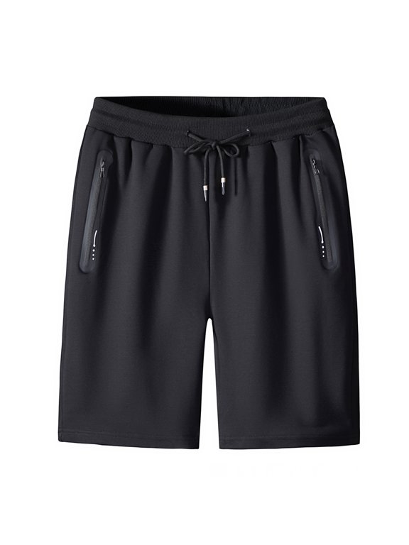 Men's Knee Length Elastic Waist Summer Casual Sport Shorts Cotton Bend Athletic Gym Workout Drawstring Regular Fit Straight Leg Pockets Black 30