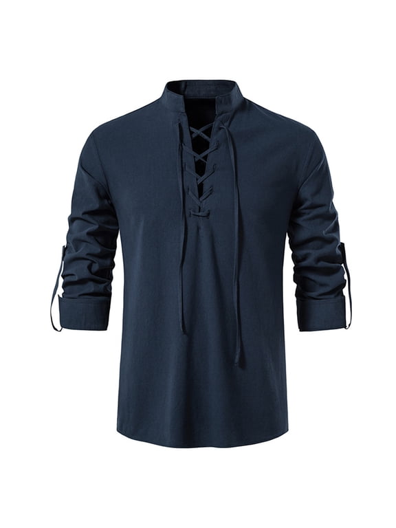 Men's Lace Up Shirt Linen Tab Long Sleeve Renaissance Gothic Cotton Tshirt Vintage Medieval Pirate Shirts Retro Band Collar Viking Pullover Victorian Tees Navy Small
