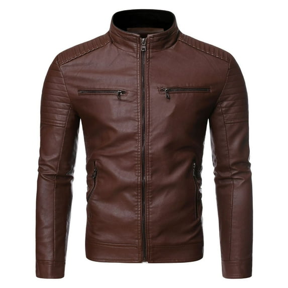 SWSMCLT Men's Leather Jacket Long Sleeve Vintage Windbreaker Warm Fitted Biker Classic Winter Outerwear Coffee Small