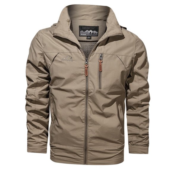 SWSMCLT Men's Lightweight Windbreaker Jacket Hooded Zip Up Zipper Pockets Long Sleeve Raincoat w/ Detachable Hood Rain Coats Spring Fall Soft Waterproof Classic Khaki Small
