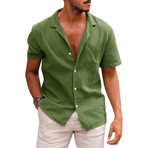 SWSMCLT Men's Linen Short Sleeve Top Summer Lightweight Loose Fit Casual Beach Shirt Soft All Cotton Button Up Shirt Army Green X-Small